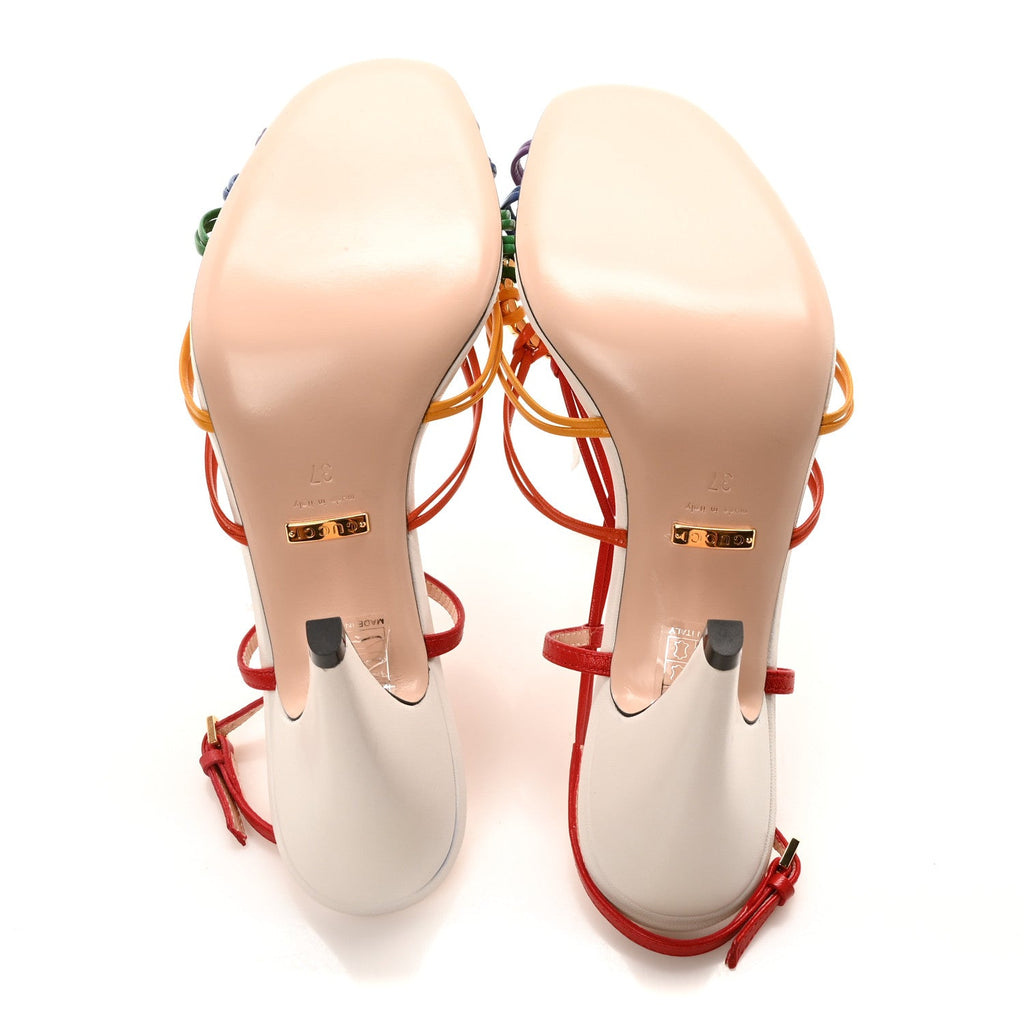 Gucci Calfskin Crystal GG Isa Ankle Strap Mid Heel Sandals 37 Multicolor