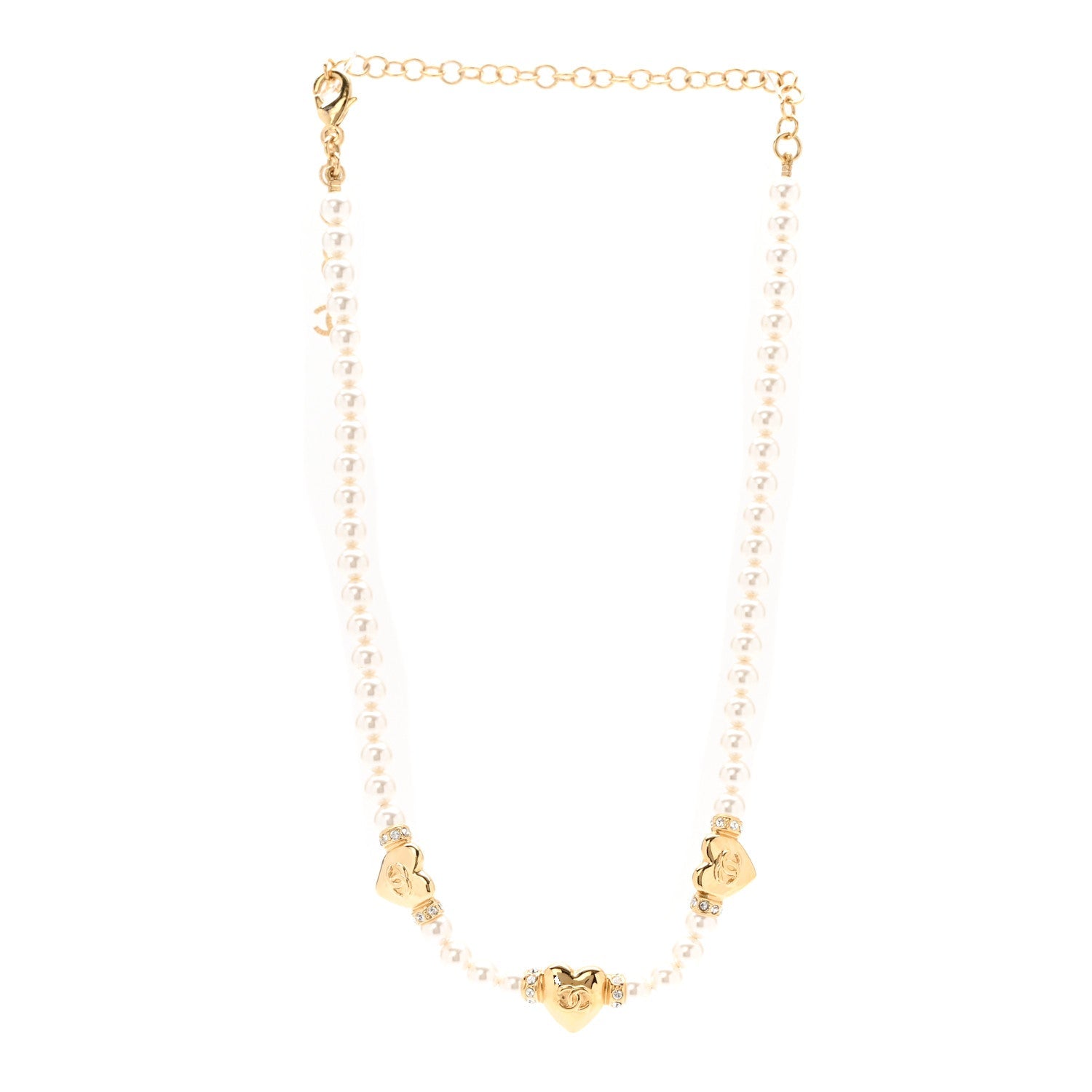 Chanel Crystal Pearl CC Heart Choker Necklace Gold