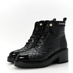 Chanel Pearly Calfskin Patent Calfskin Lace Up Combat Boots 37 Black