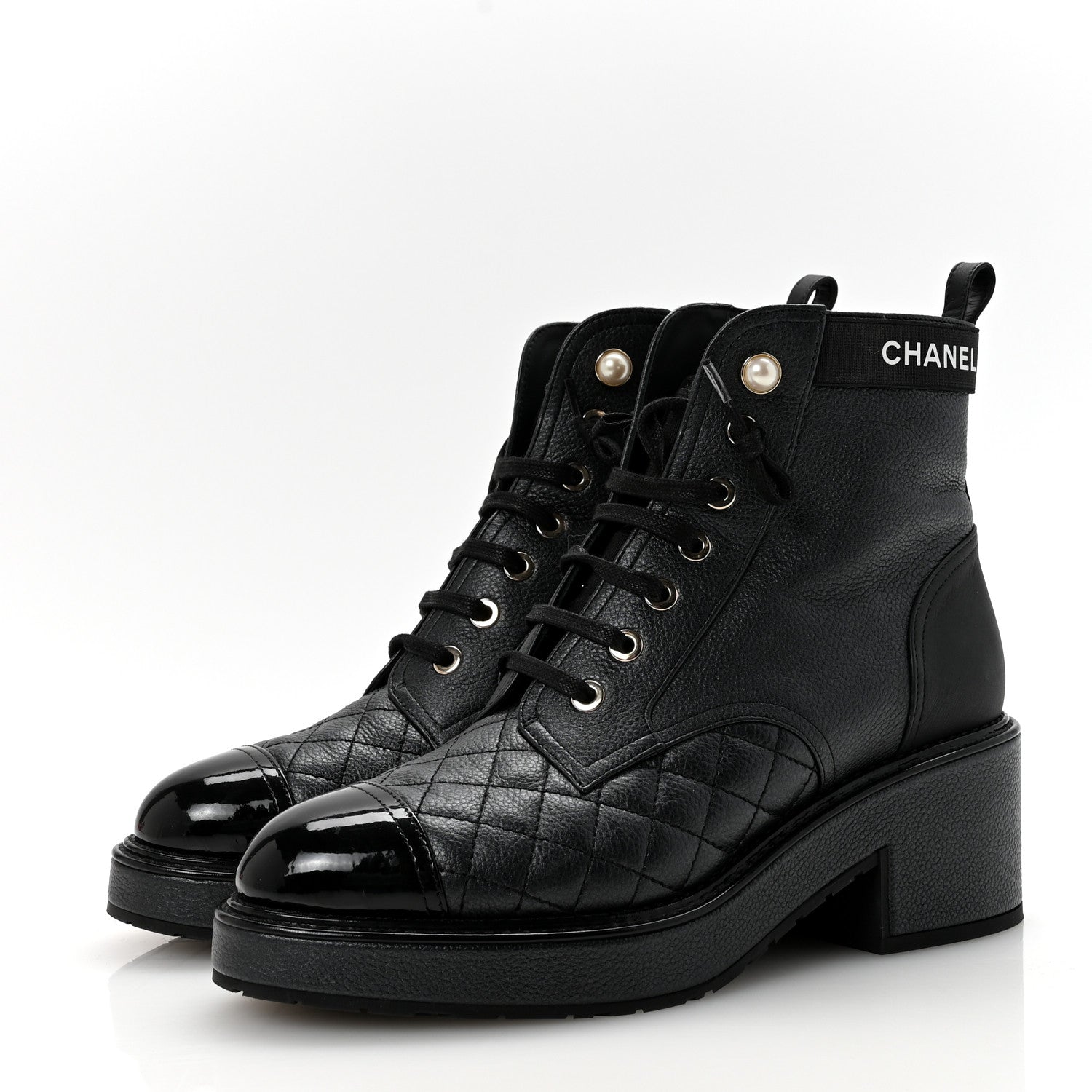 Chanel Pearly Calfskin Patent Calfskin Lace Up Combat Boots 37 Black