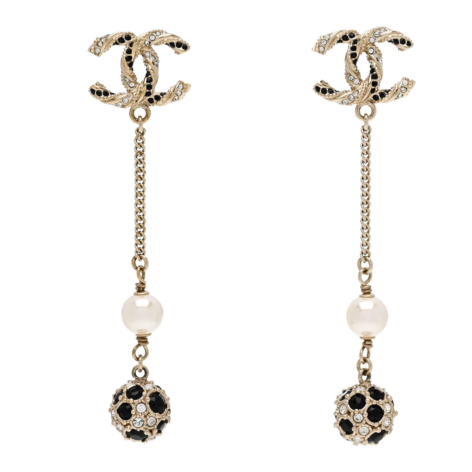 Chanel Crystal Pearl CC Ball Chain Drop Earrings Gold Black