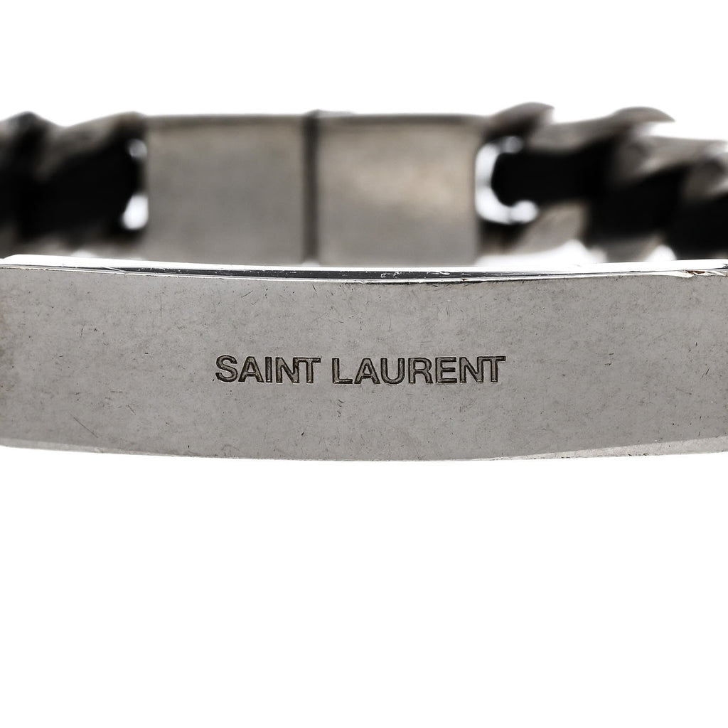 Saint Laurent Metal Leather Curb Chain Bracelet Oxidized Silver Black
