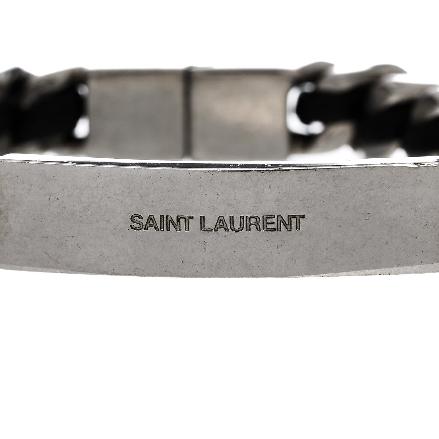 Saint Laurent Metal Leather Curb Chain Bracelet Oxidized Silver Black