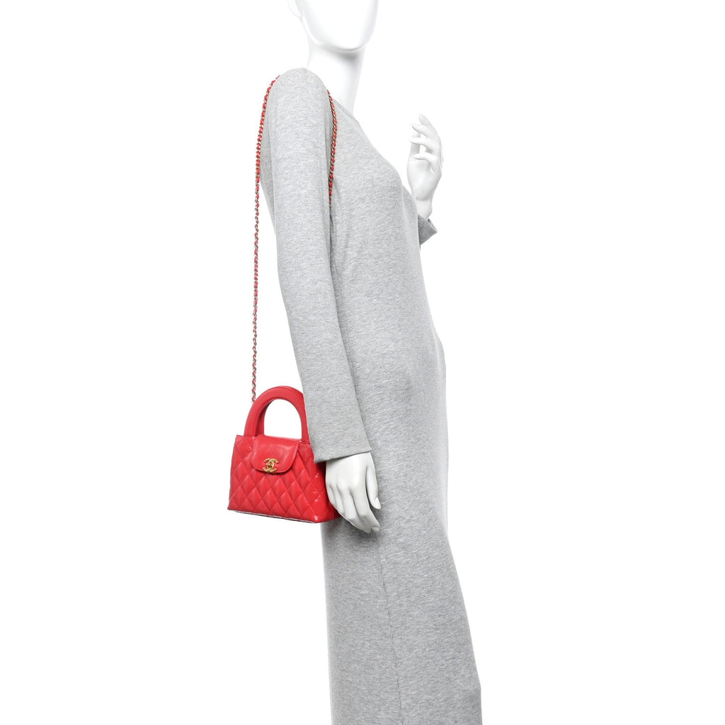 Chanel Shiny Aged Calfskin Quilted Nano Kelly Shopper Red