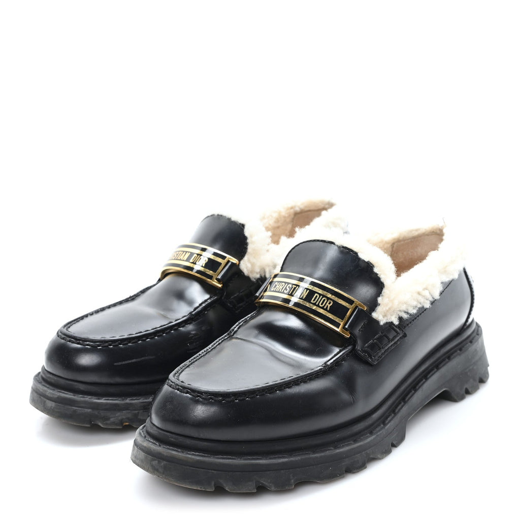 Christian Dior Brushed Calfskin Shearling Dior Code Lug Sole 15mm Loafers 35.5 Black Natural