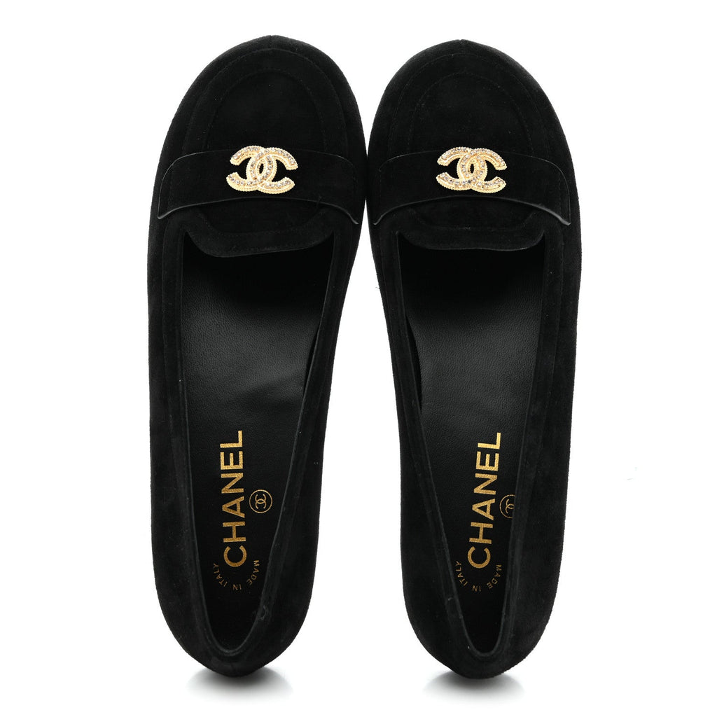 Chanel Suede Crystal CC Mocassin Loafers 39.5 Black