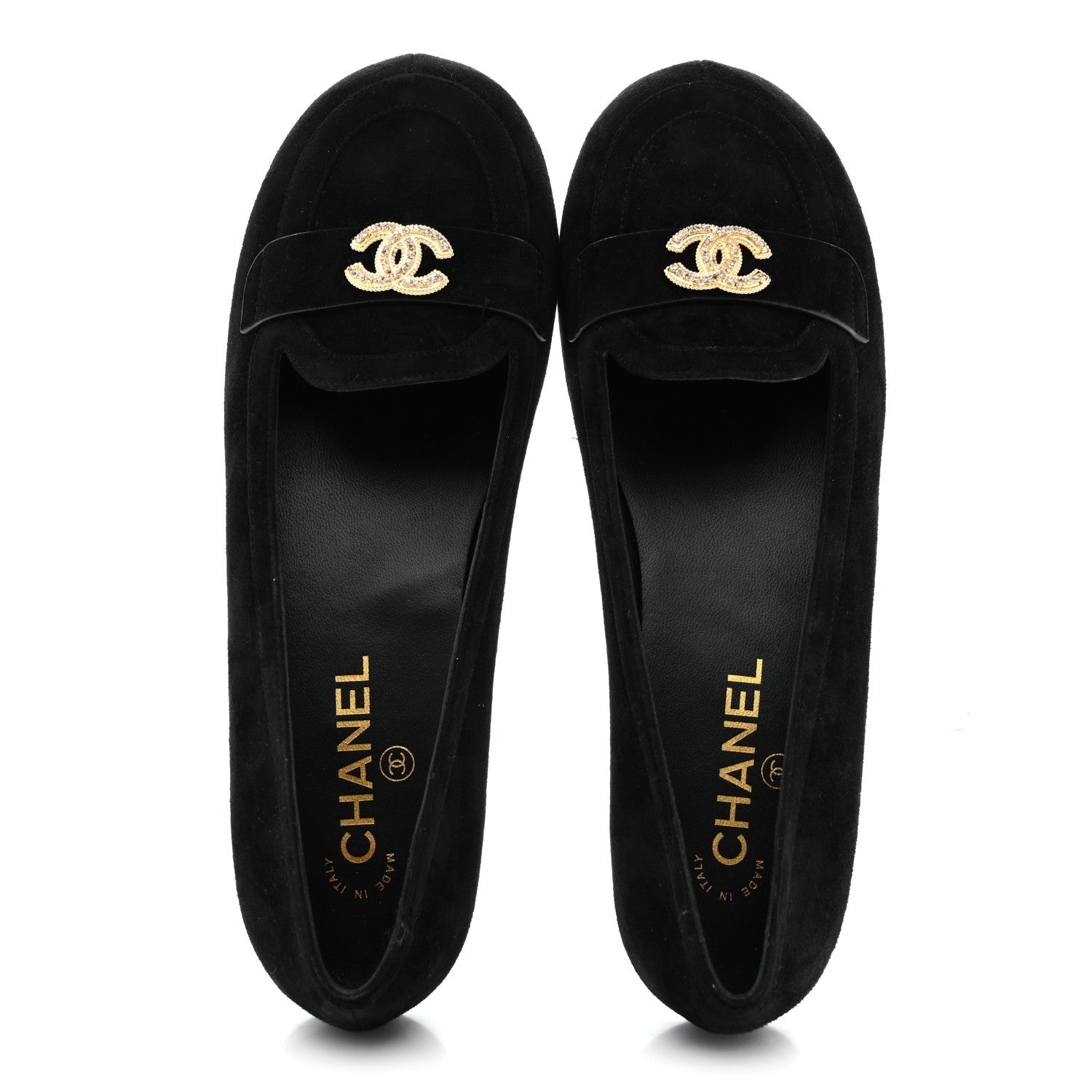 Chanel Suede Crystal CC Mocassin Loafers 39.5 Black