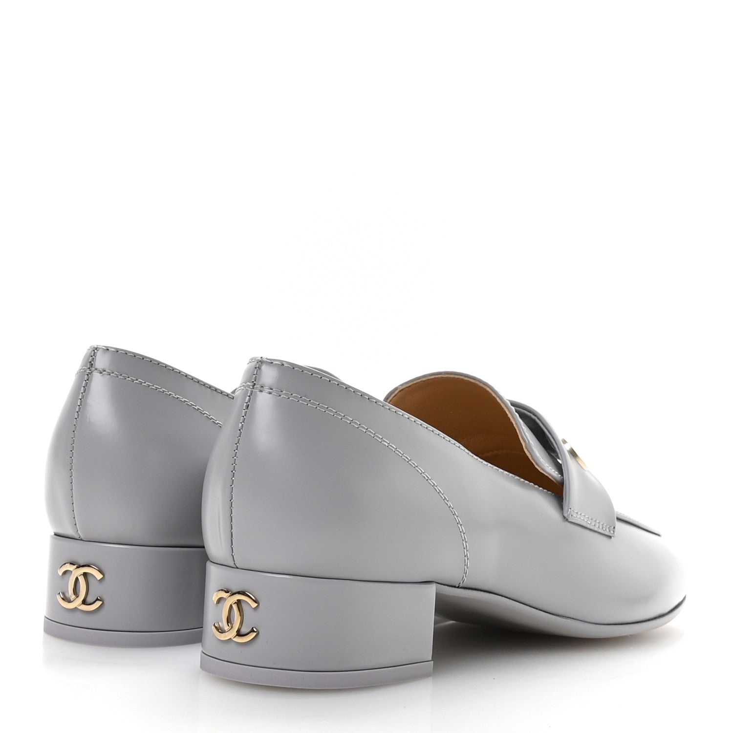 Chanel Shiny Calfskin Logo Loafers 37 Light Grey