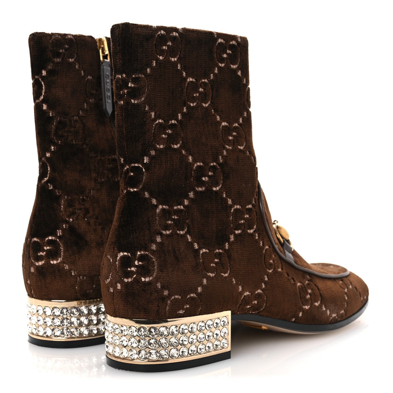 Gucci Velvet GG Monogram Crystal Horsebit Ankle Boots 37 Brown Vintage Cocoa