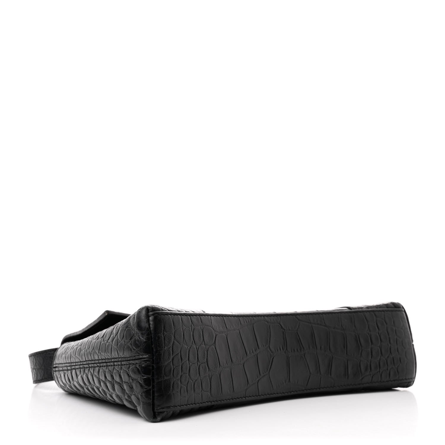 Balenciaga Extra Supple Calfskin Crocodile Embossed Monochrome XS Downtown Shoulder Bag Black