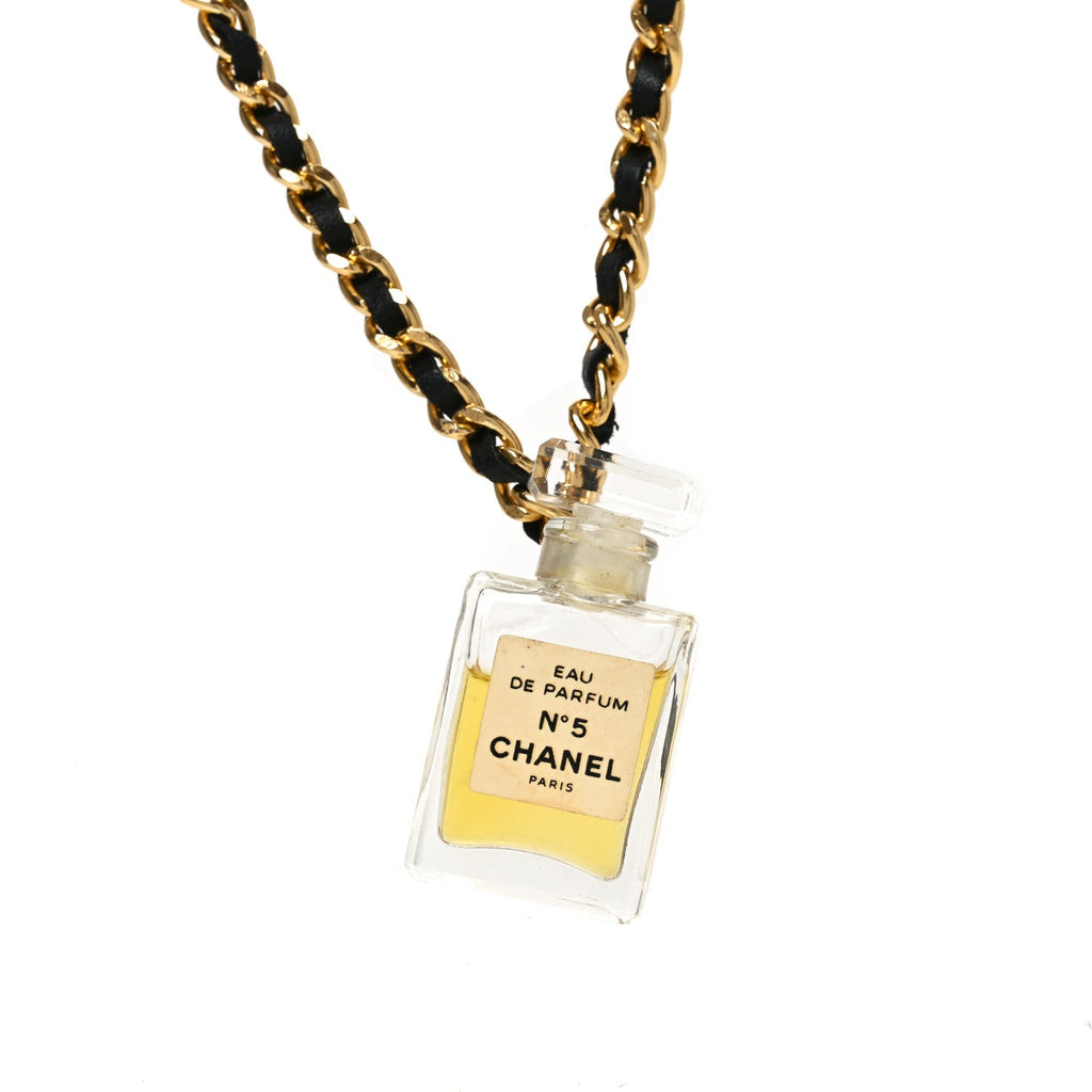 Chanel Metal Lambskin Resin CC No 5 Perfume Bottle Necklace Gold Black
