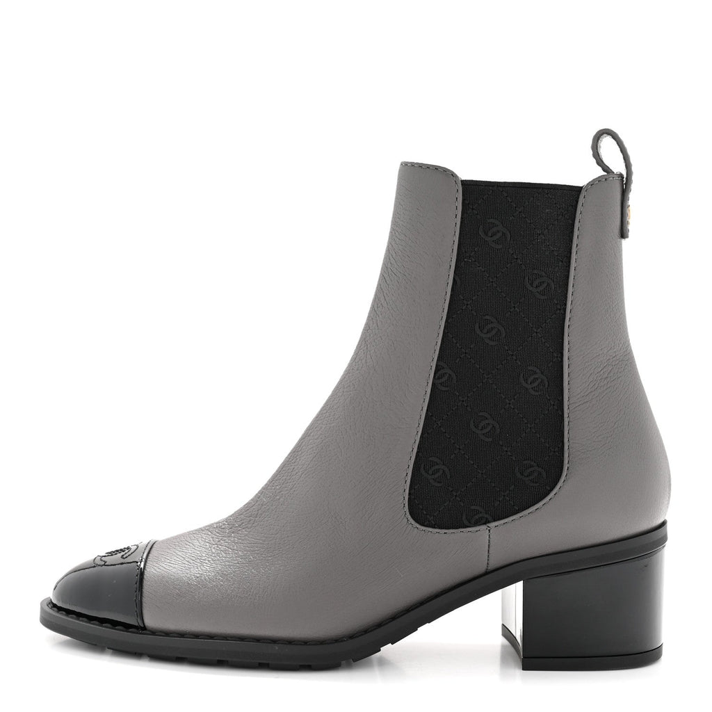 Chanel Calfskin Patent Cap Toe CC Short Boots 39 Grey Black