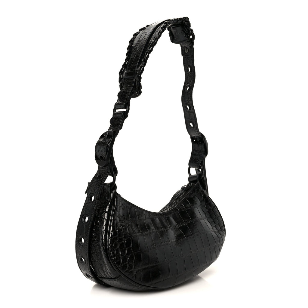 Balenciaga Extra Supple Calfskin Crocodile Embossed Monochrome Le Cagole Shoulder Bag XS Black