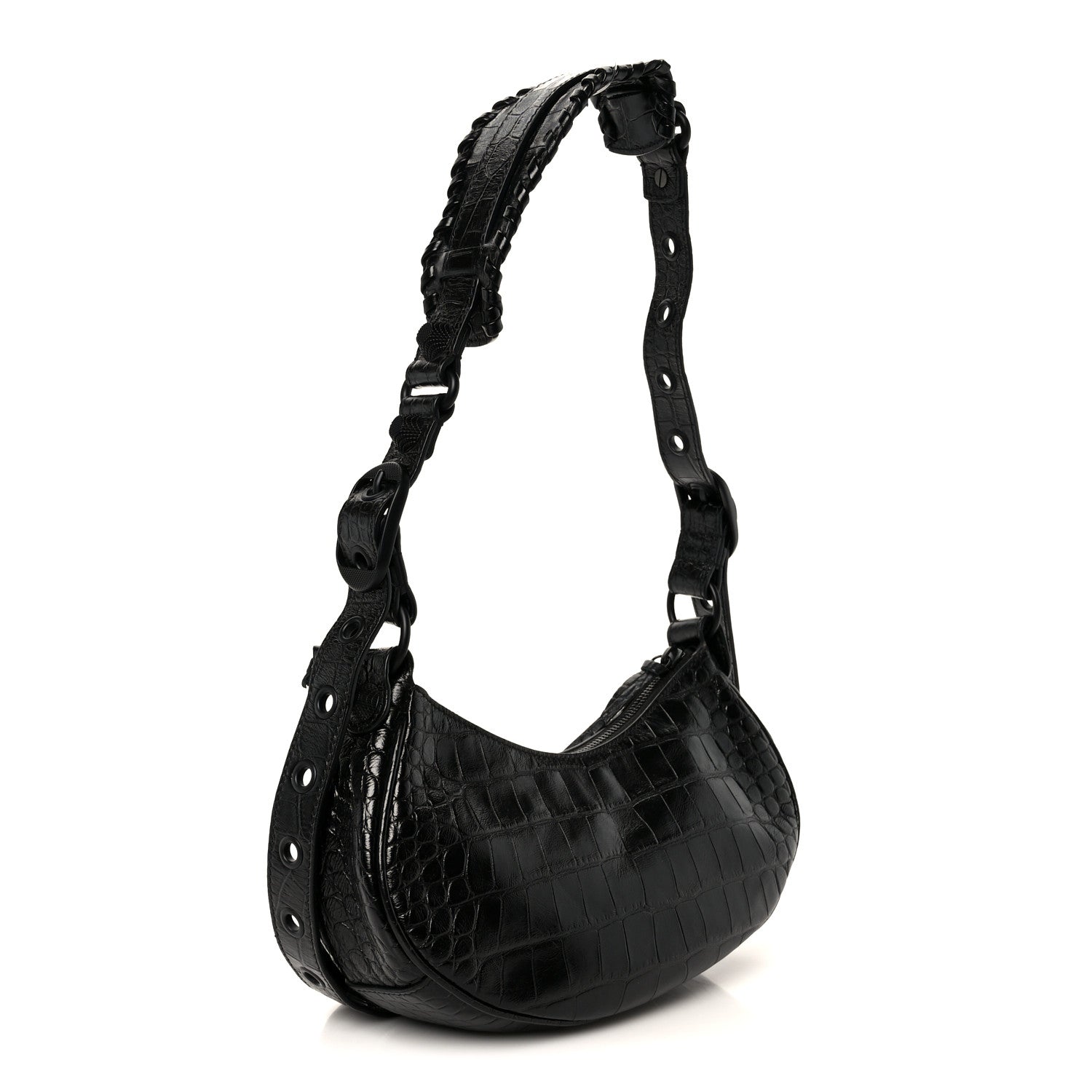 Balenciaga Extra Supple Calfskin Crocodile Embossed Monochrome Le Cagole Shoulder Bag XS Black