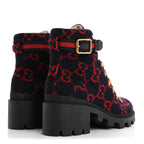 Gucci Covered Wool Big GG Monogram Womens Lace Up Combat Ankle Boots 37 Blue Red