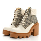 Gucci Calfskin GG Supreme Monogram Nappa Quilted Lace Up Ankle Boots 35 Mystic White Beige
