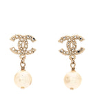Chanel Crystal Pearl CC Drop Earrings Gold
