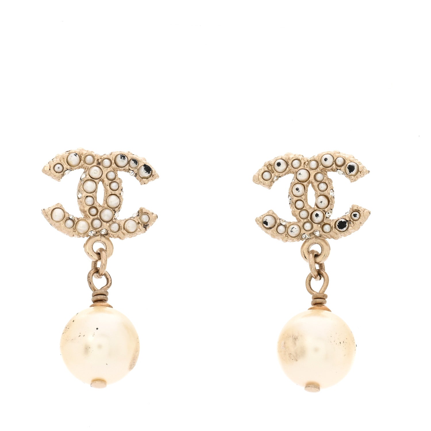 Chanel Crystal Pearl CC Drop Earrings Gold