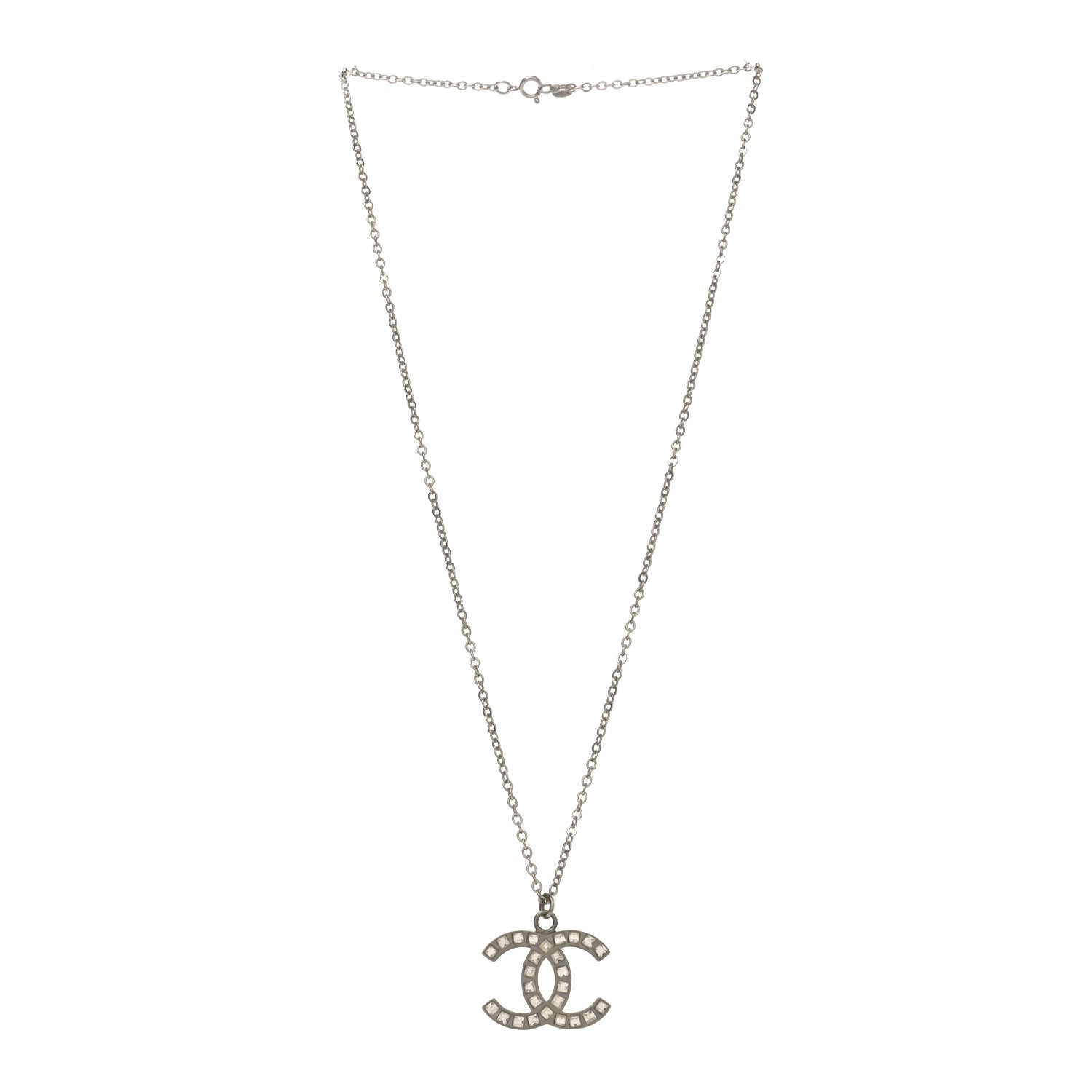 Chanel Baguette Crystal CC Necklace Silver