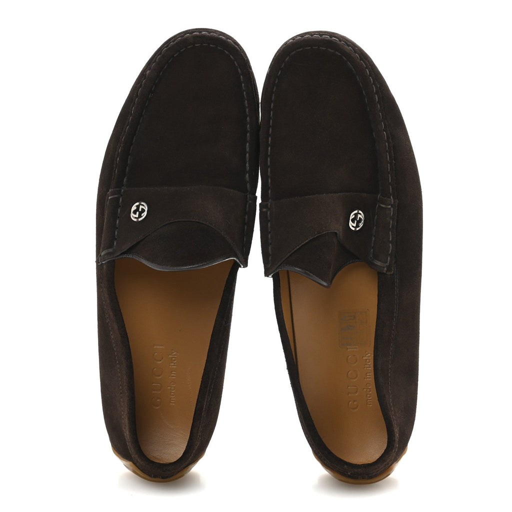 Gucci Suede Mens InterLocking G Driver Loafers 8 Cocoa