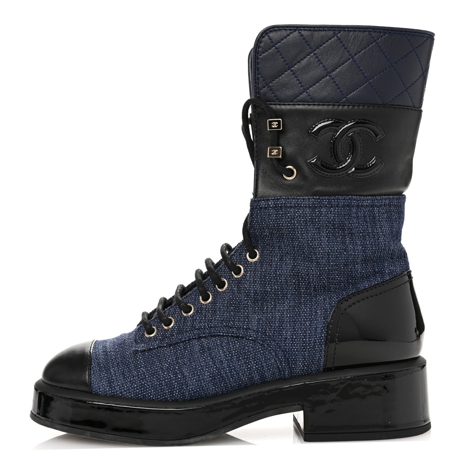 Chanel Fabric Patent Lambskin Quilted CC Lace Up Combat Boots 37 Navy Blue Black