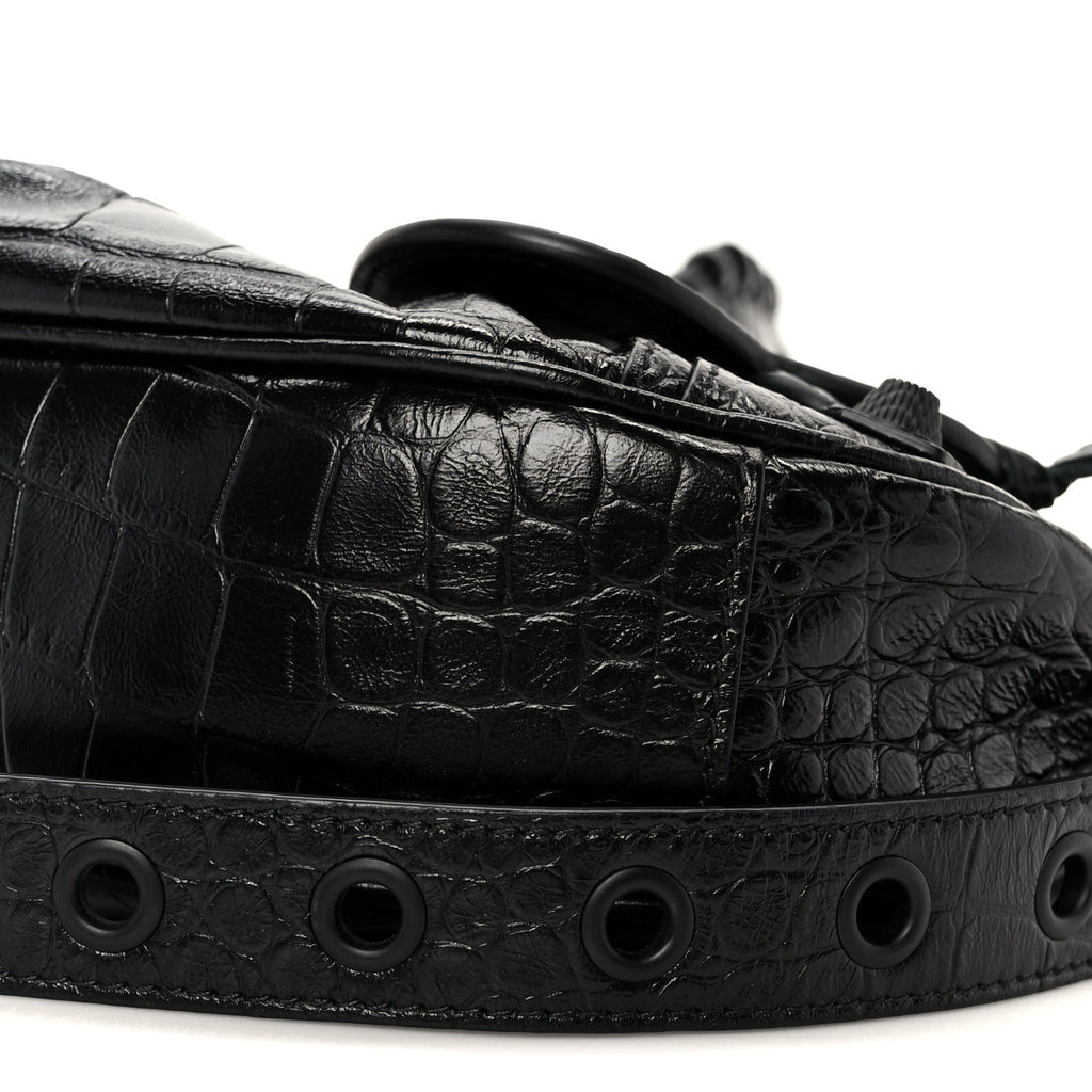 Balenciaga Extra Supple Calfskin Crocodile Embossed Monochrome Le Cagole Shoulder Bag XS Black