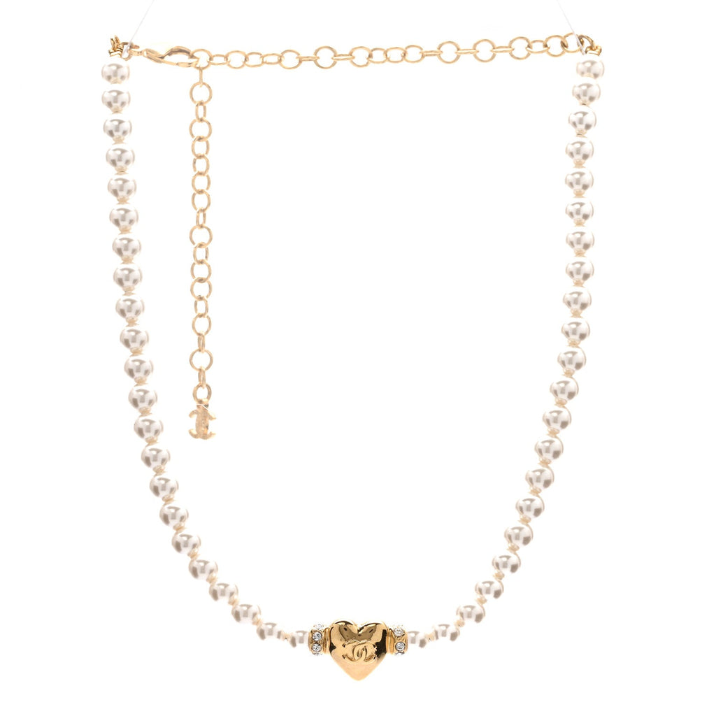 Chanel Crystal Pearl CC Heart Choker Necklace Gold