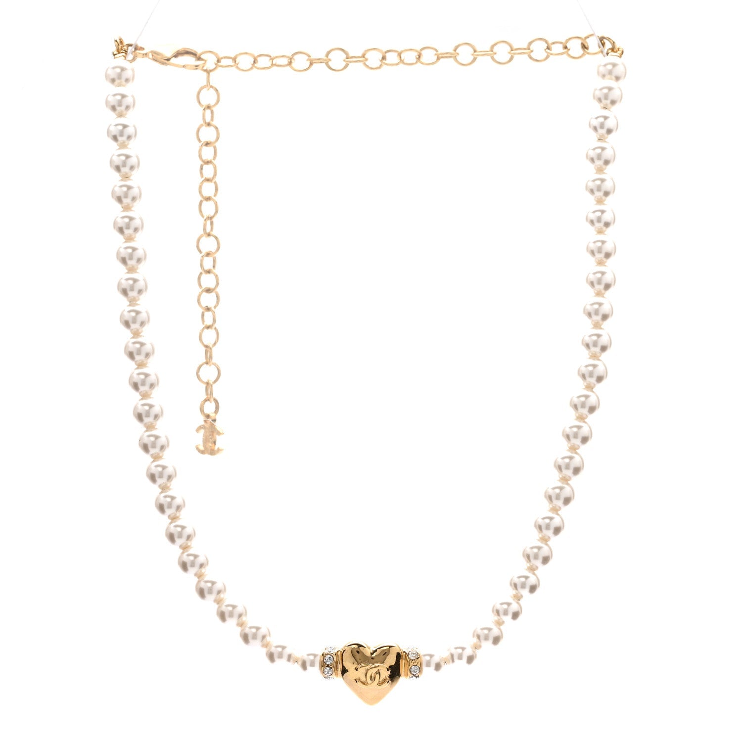 Chanel Crystal Pearl CC Heart Choker Necklace Gold