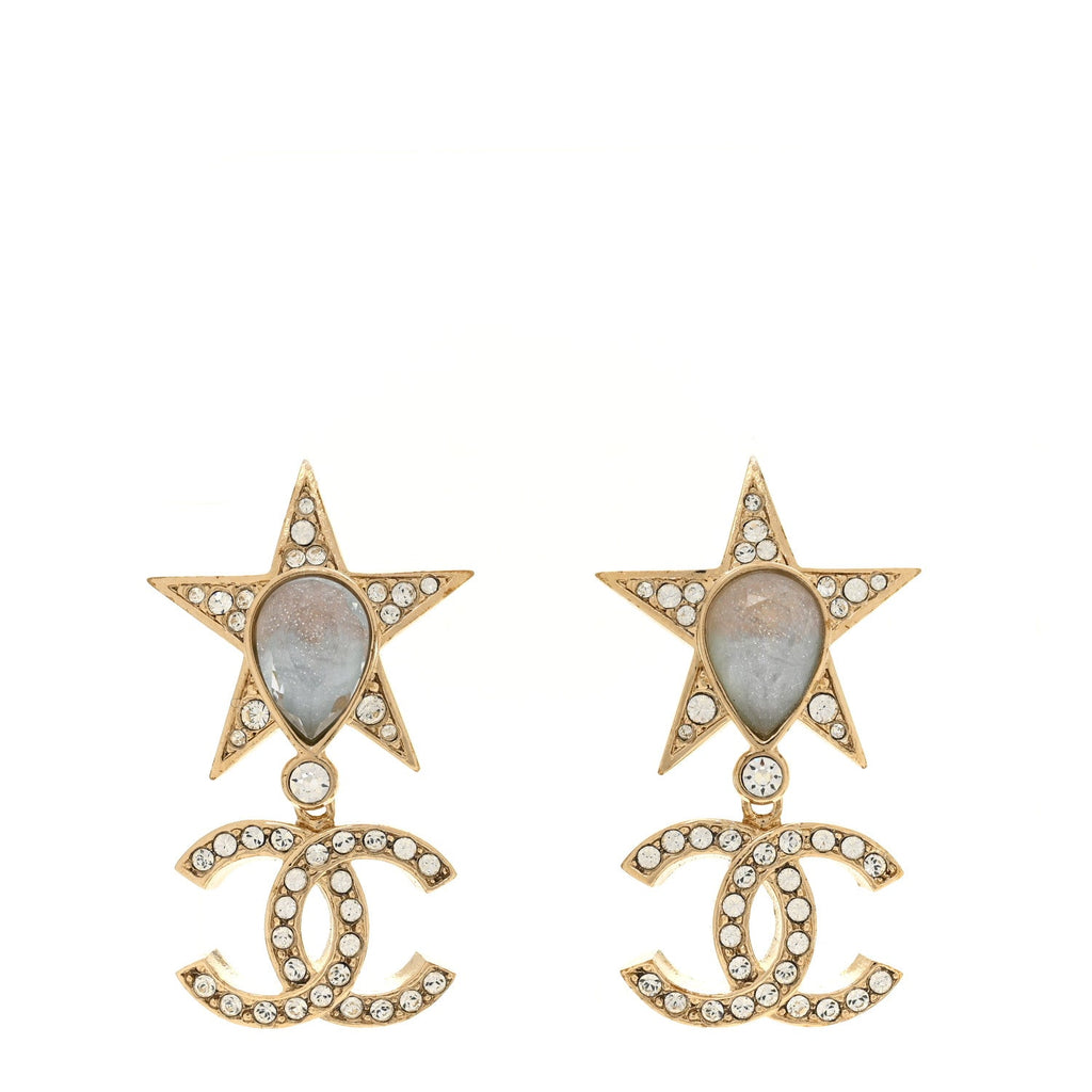 Chanel Crystal CC Star Drop Earrings Gold Blue Pink