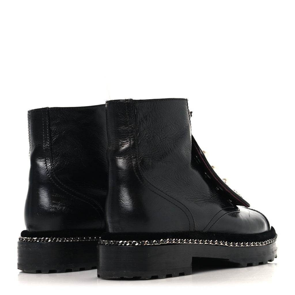 Chanel Crackled Calfskin Velvet Pearl Combat Short Boots 37.5 Black