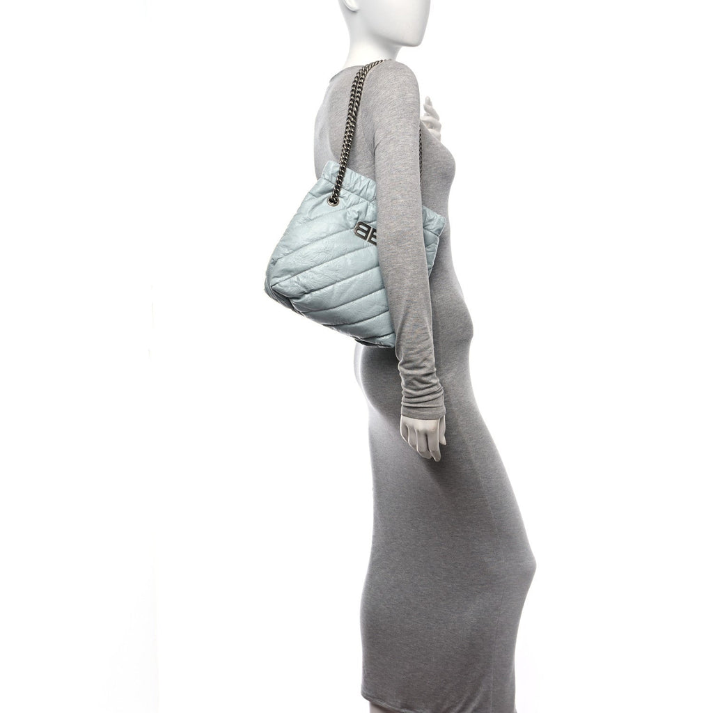 Balenciaga Crushed Calfskin Quilted Crush Small Tote Bag Light Blue