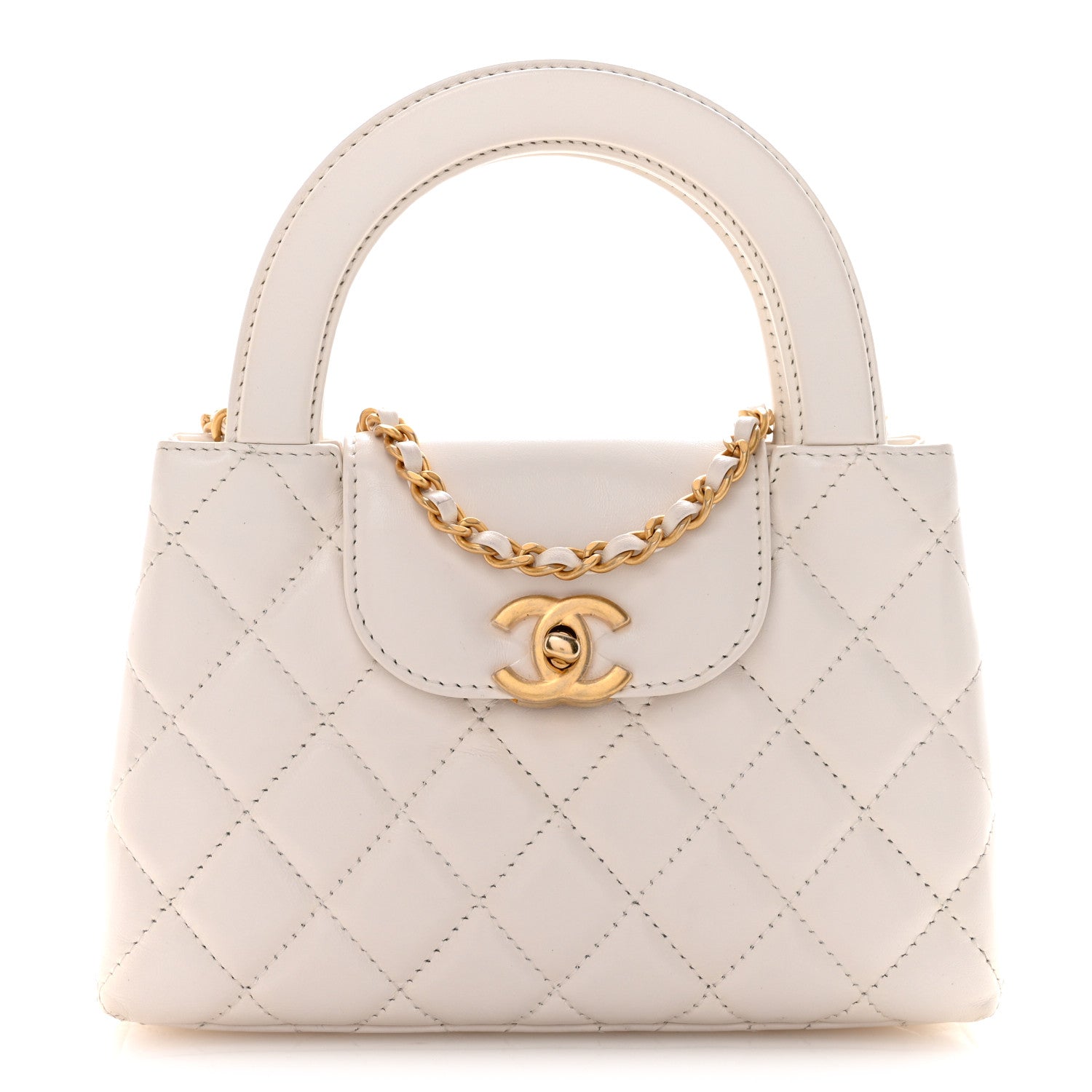 Chanel Shiny Aged Calfskin Quilted Nano Kelly Shopper White