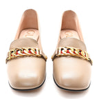 Gucci Malaga Kid Sylvie Web Chain Mid Heel Loafers 39.5 Mud
