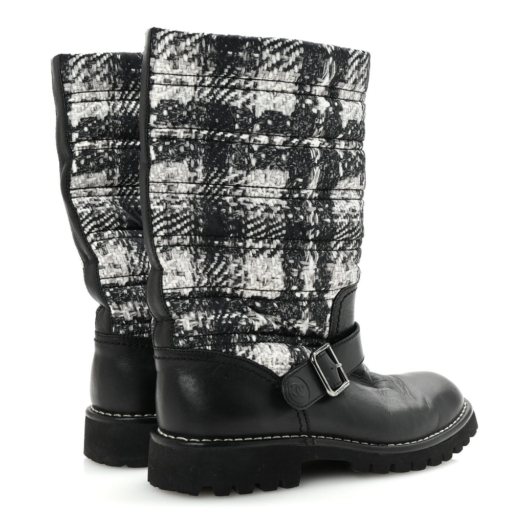 Chanel Calfskin Tweed Nylon Printed Boots 38 Black
