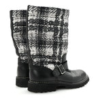 Chanel Calfskin Tweed Nylon Printed Boots 38 Black