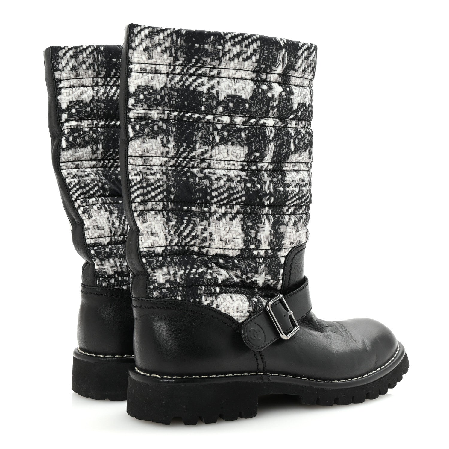 Chanel Calfskin Tweed Nylon Printed Boots 38 Black