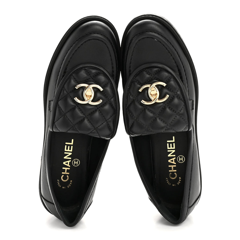 Chanel Lambskin Quilted CC Turnlock Loafers 38 Black
