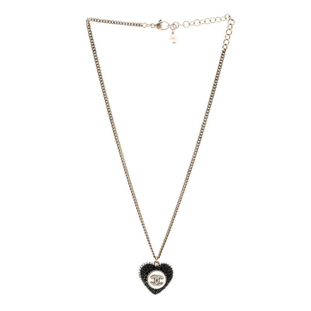 Chanel Pearl Crystal CC Heart Necklace Gold Pearly White Black