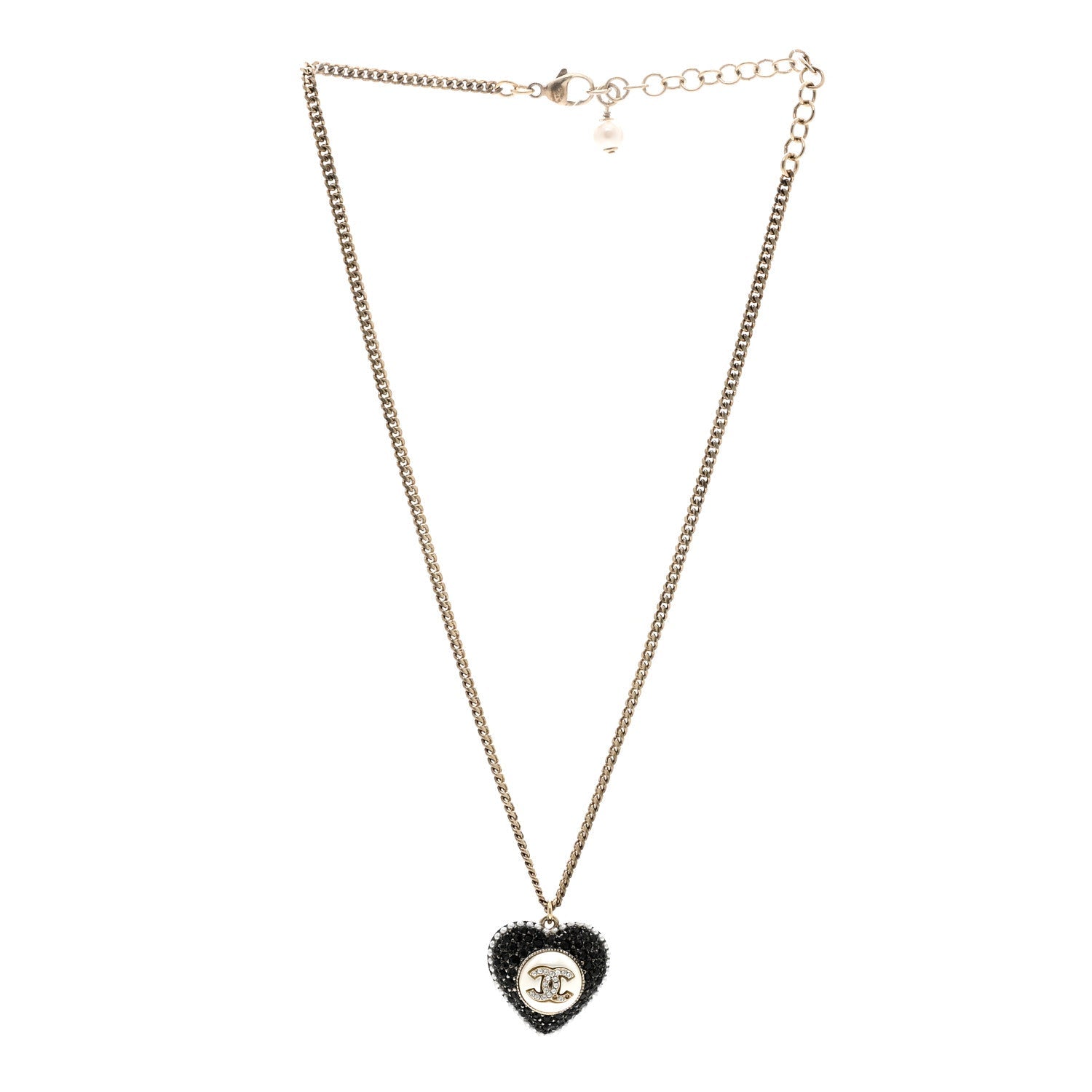Chanel Pearl Crystal CC Heart Necklace Gold Pearly White Black