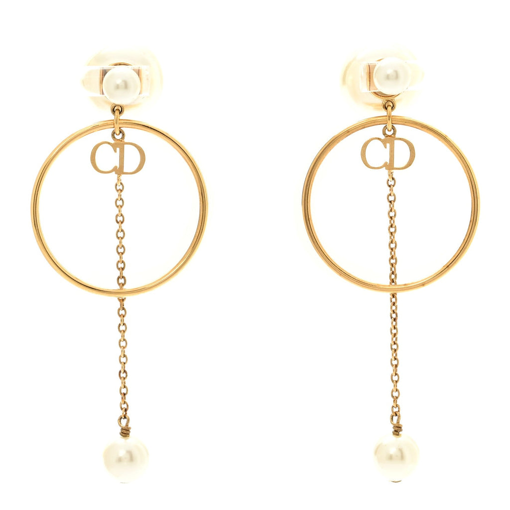 Christian Dior Pearl Tribales Dangle Chain Earrings Gold