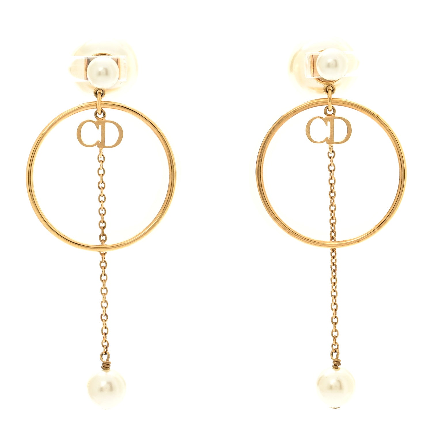 Christian Dior Pearl Tribales Dangle Chain Earrings Gold