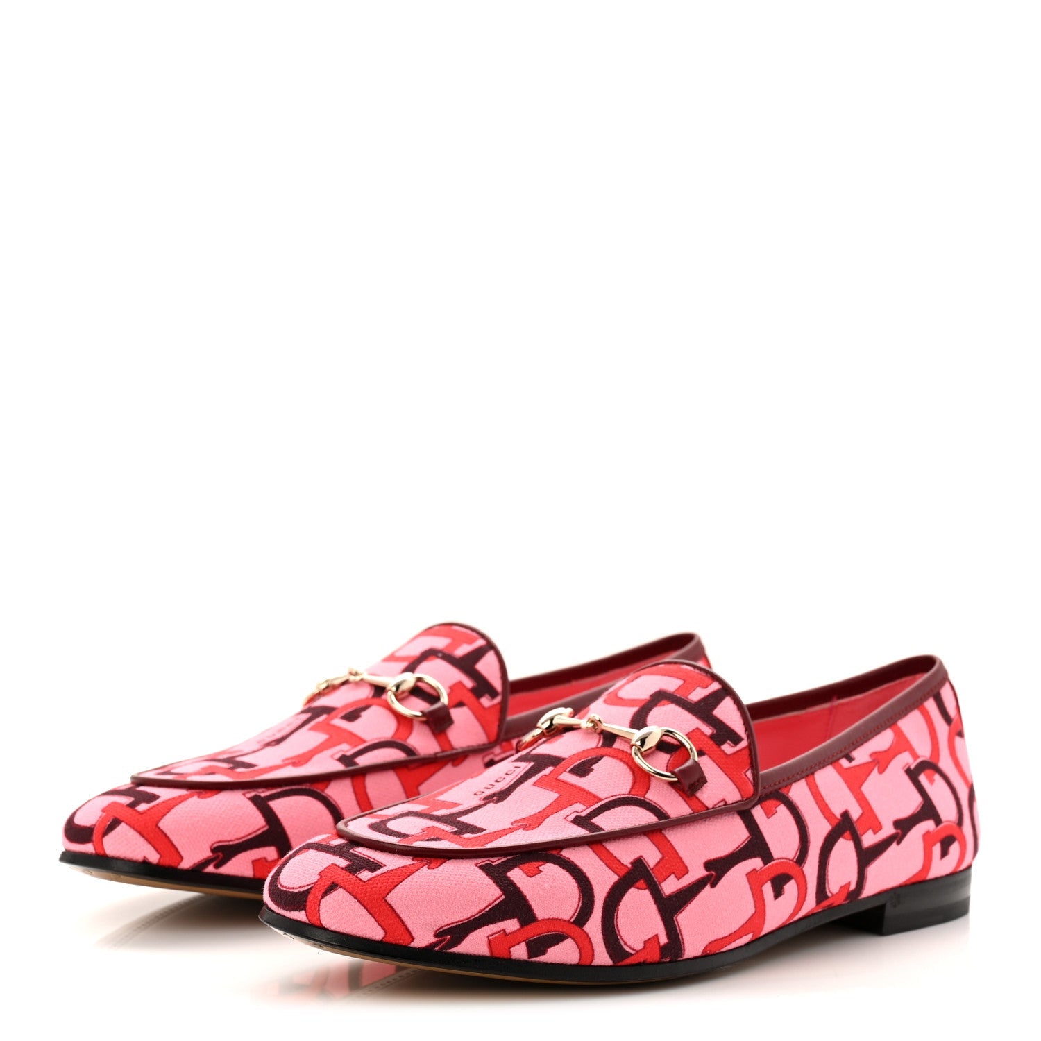Gucci Betis Glamour Canvas Horsebit Print Womens Jordaan Loafers 39.5 Pink Rosso Ancora