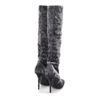 Saint Laurent Velvet Ella Knee High Boots 37.5 Cool Grey