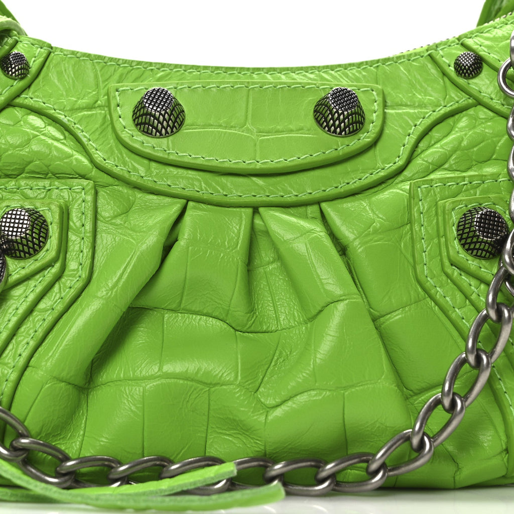 Balenciaga Extra Supple Calfskin Crocodile Embossed Le Cagole Mini Purse With Chain Acid Green