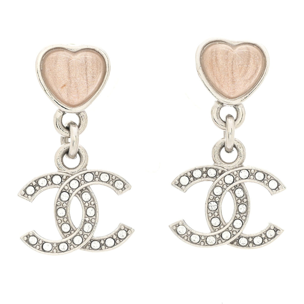 Chanel Crystal Resin CC Heart Drop Earrings Silver Pink