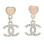 Chanel Crystal Resin CC Heart Drop Earrings Silver Pink