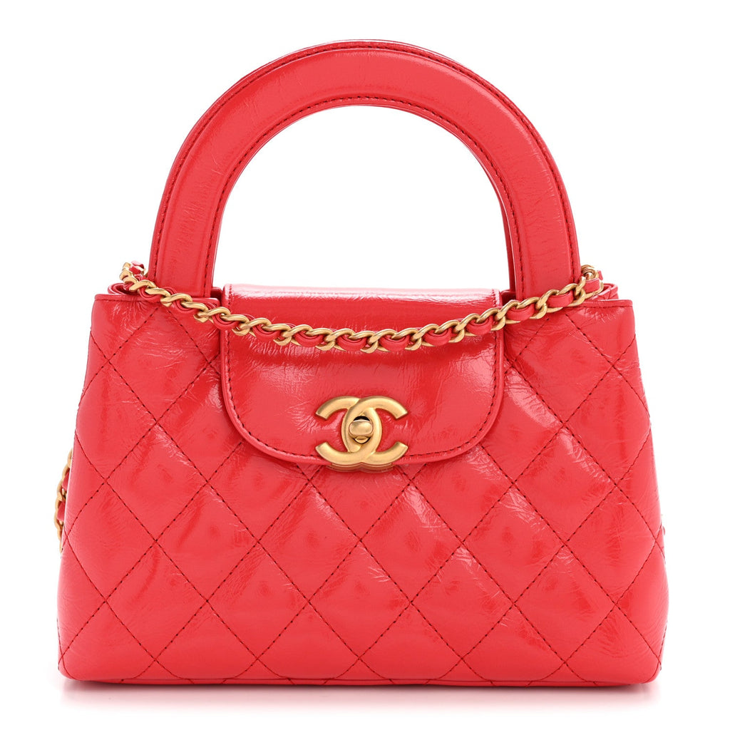 Chanel Shiny Aged Calfskin Quilted Nano Kelly Shopper Red