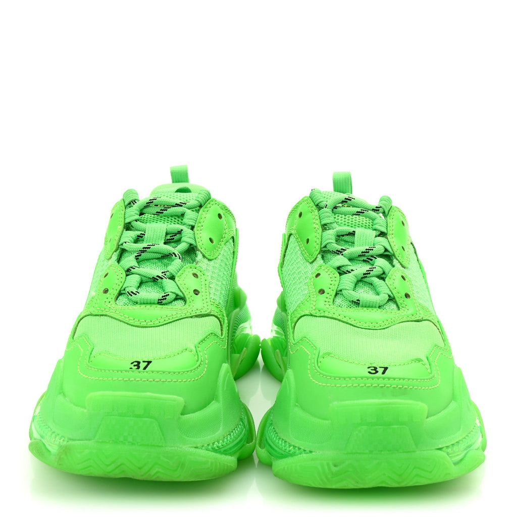 Balenciaga Fabric Mesh Clear Sole Womens Triple S Sneakers 37 Fluo Green