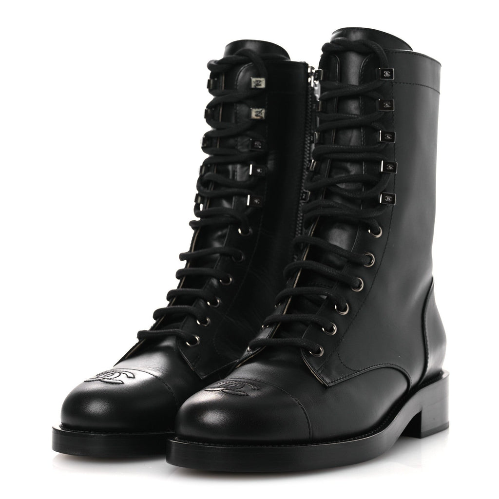 Chanel Calfskin Cap Toe Lace Up Combat Boots 37.5 Black