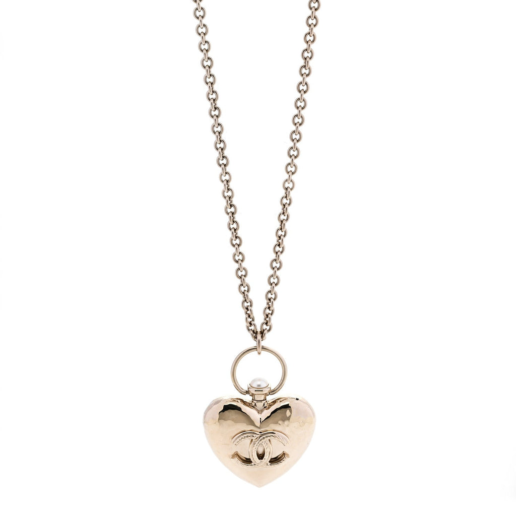 Chanel Metal CC Heart Locket Necklace Gold